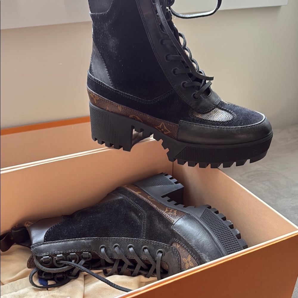 Louis Vuitton Black Combat Boots with Chunky Sole